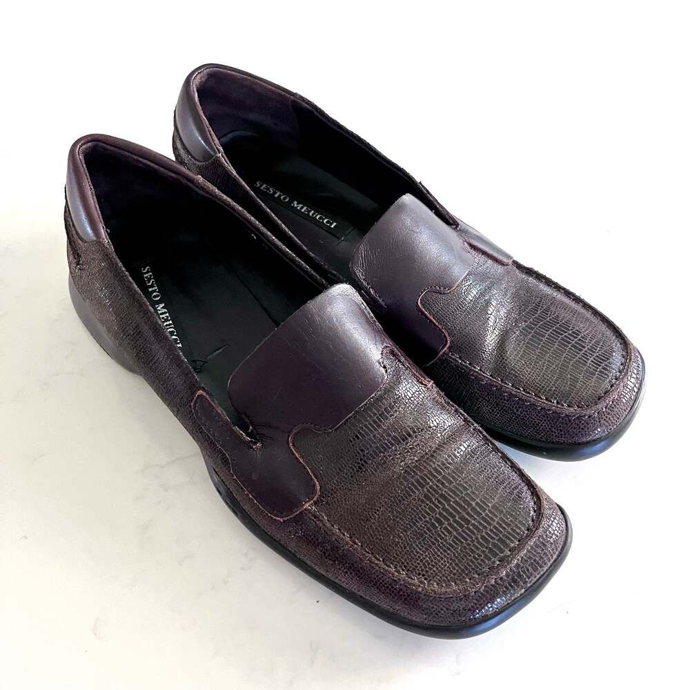 Sesto Meucci Women’s Brown Snakeskin Leather Square Toe Loafers Size 8.5